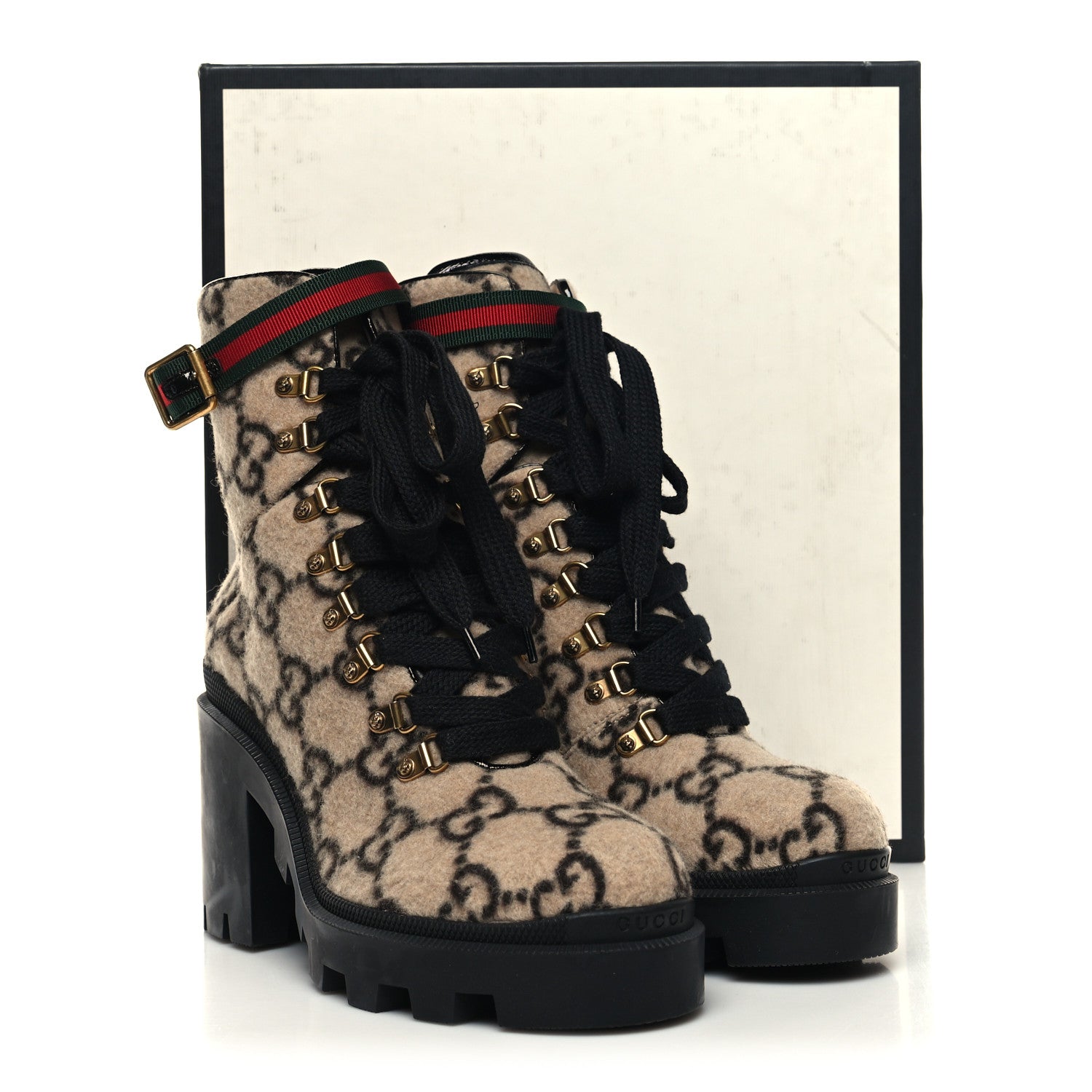 Gucci Covered Wool GG Monogram Womens Lace Up Combat Ankle Boots 40 Beige Ebony Black 9 of 9
