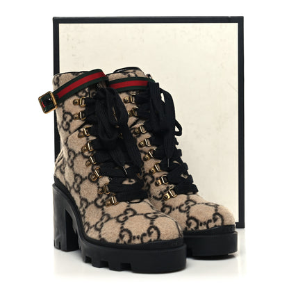 Gucci Covered Wool GG Monogram Womens Lace Up Combat Ankle Boots 40 Beige Ebony Black 9 of 9