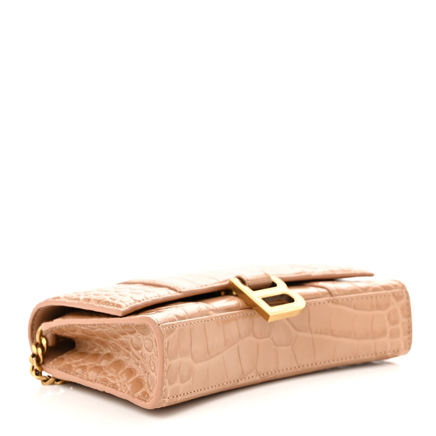Shiny Calfskin Crocodile Embossed Hourglass Chain Bag Nude Beige