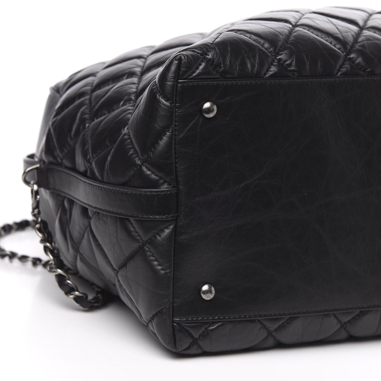 Aged Calfskin Quilted Large Bowling Bag Black