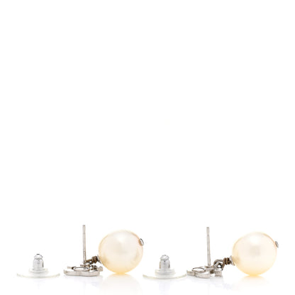 Chanel Crystal Pearl CC Drop Earrings Silver Pearly White 4 of 5