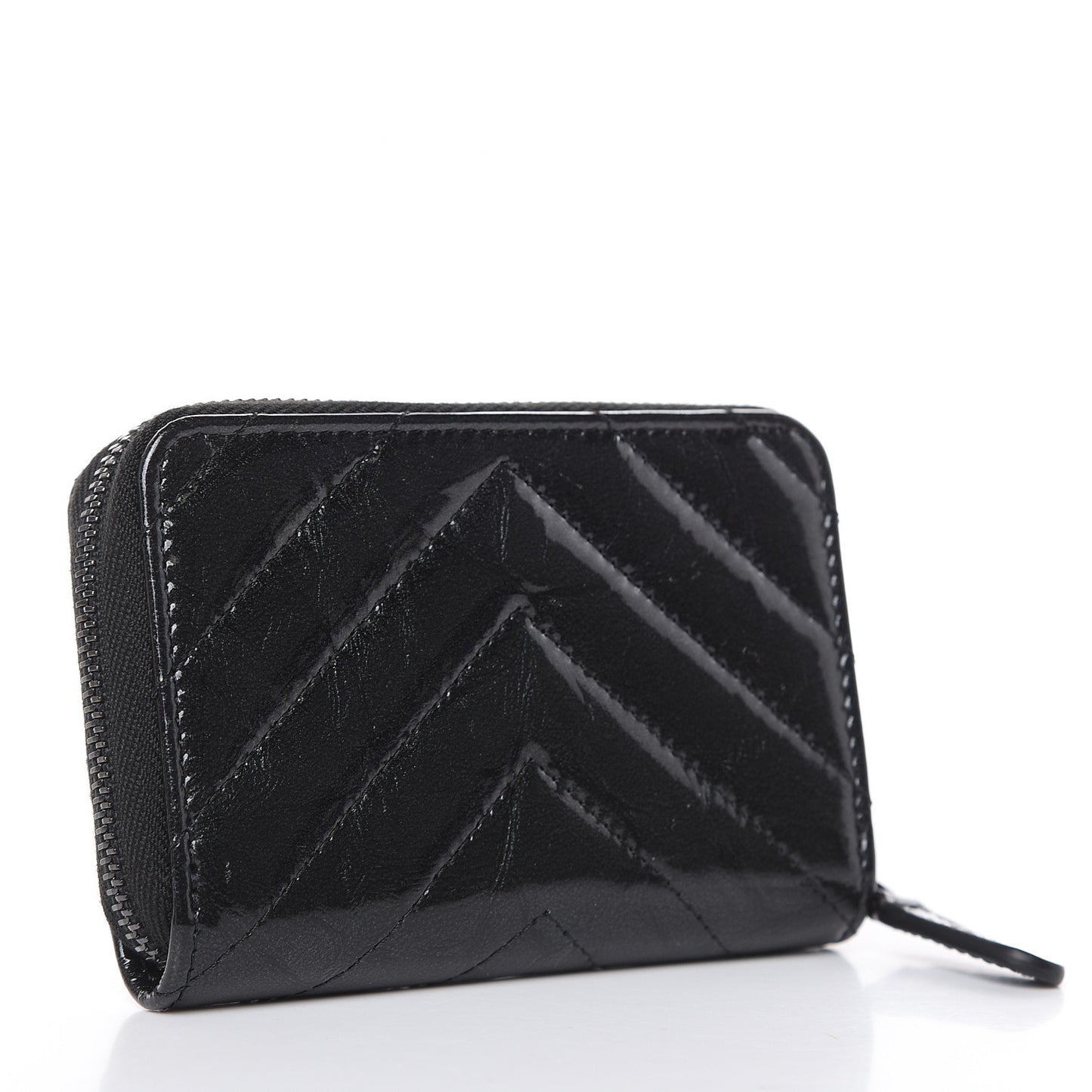 Patent Metallic Crumpled Calfskin Chevron Quilted Coin Purse So Black