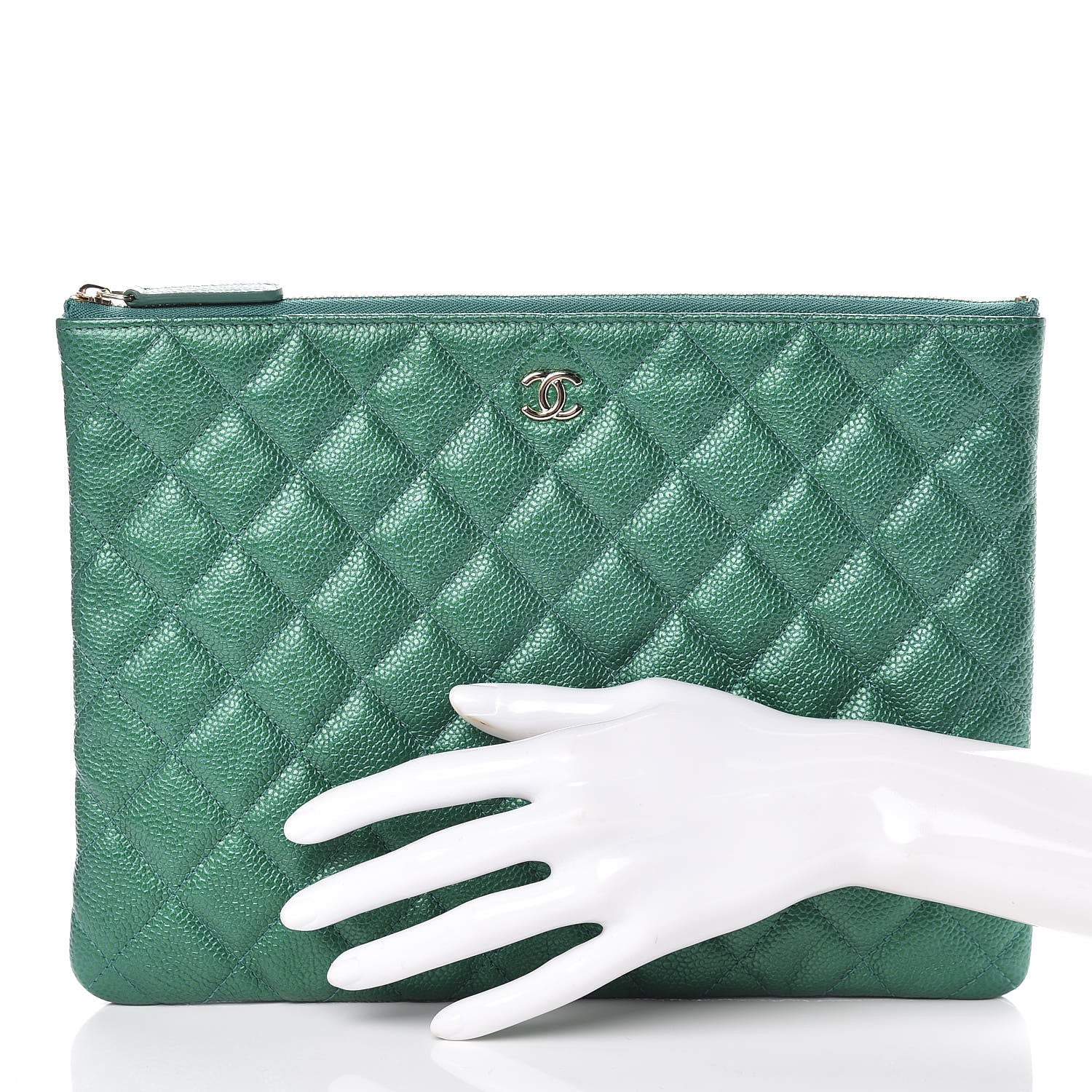 Chanel Metallic Caviar Quilted Medium Cosmetic Case Green 2 of 10
