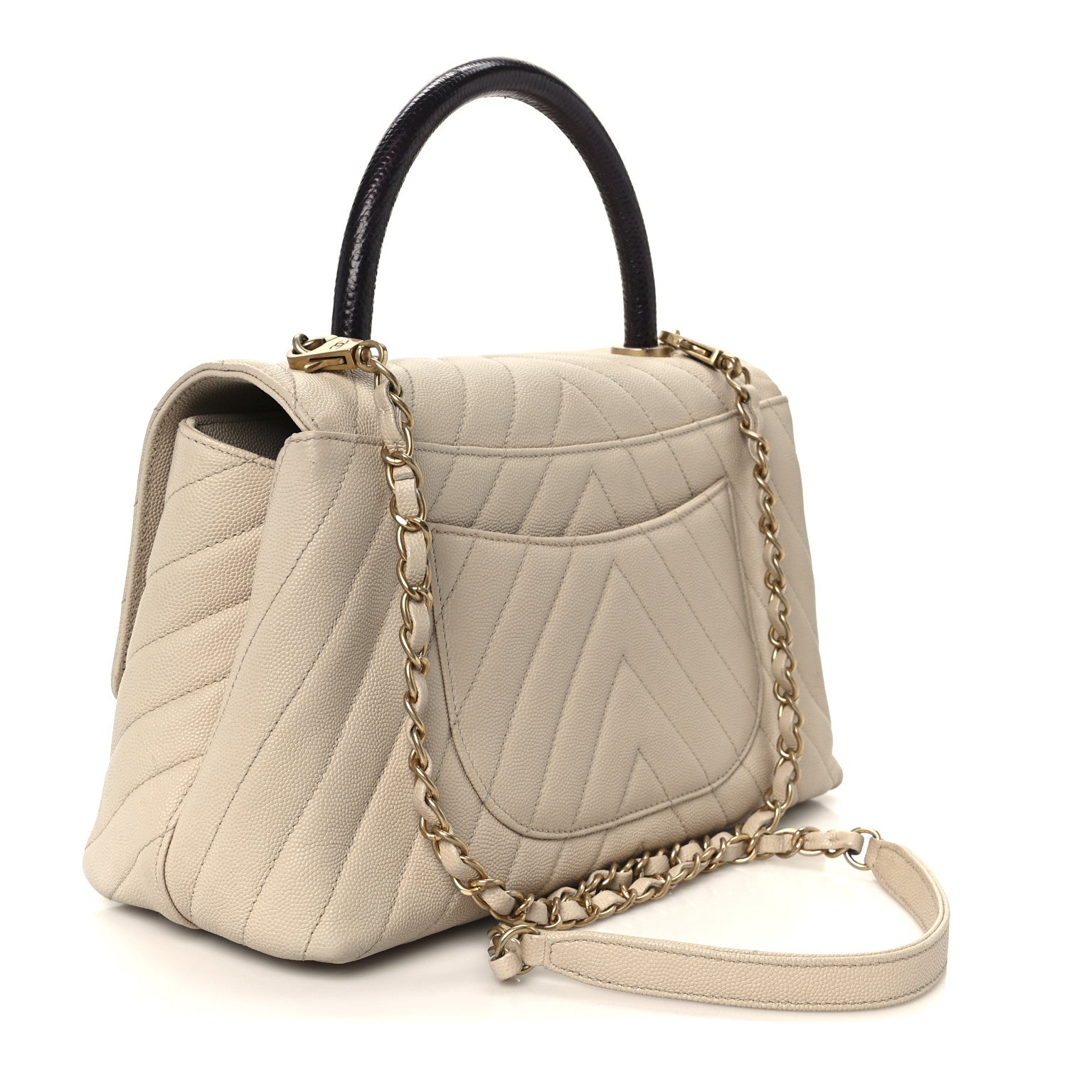 Chanel Caviar Lizard Embossed Chevron Quilted Small Coco Handle Flap Beige 3 of 11