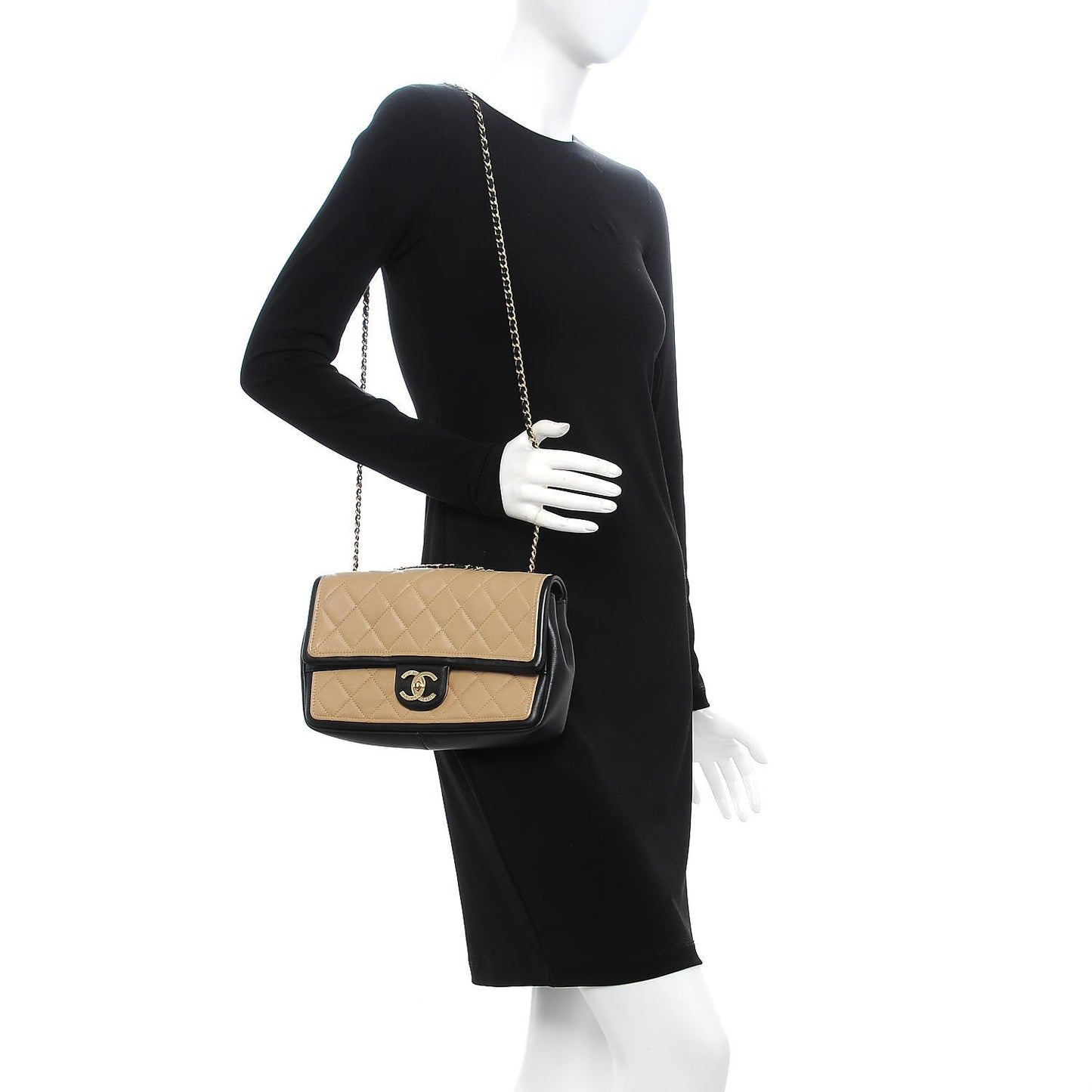 Calfskin Quilted Medium Graphic Flap Beige Black