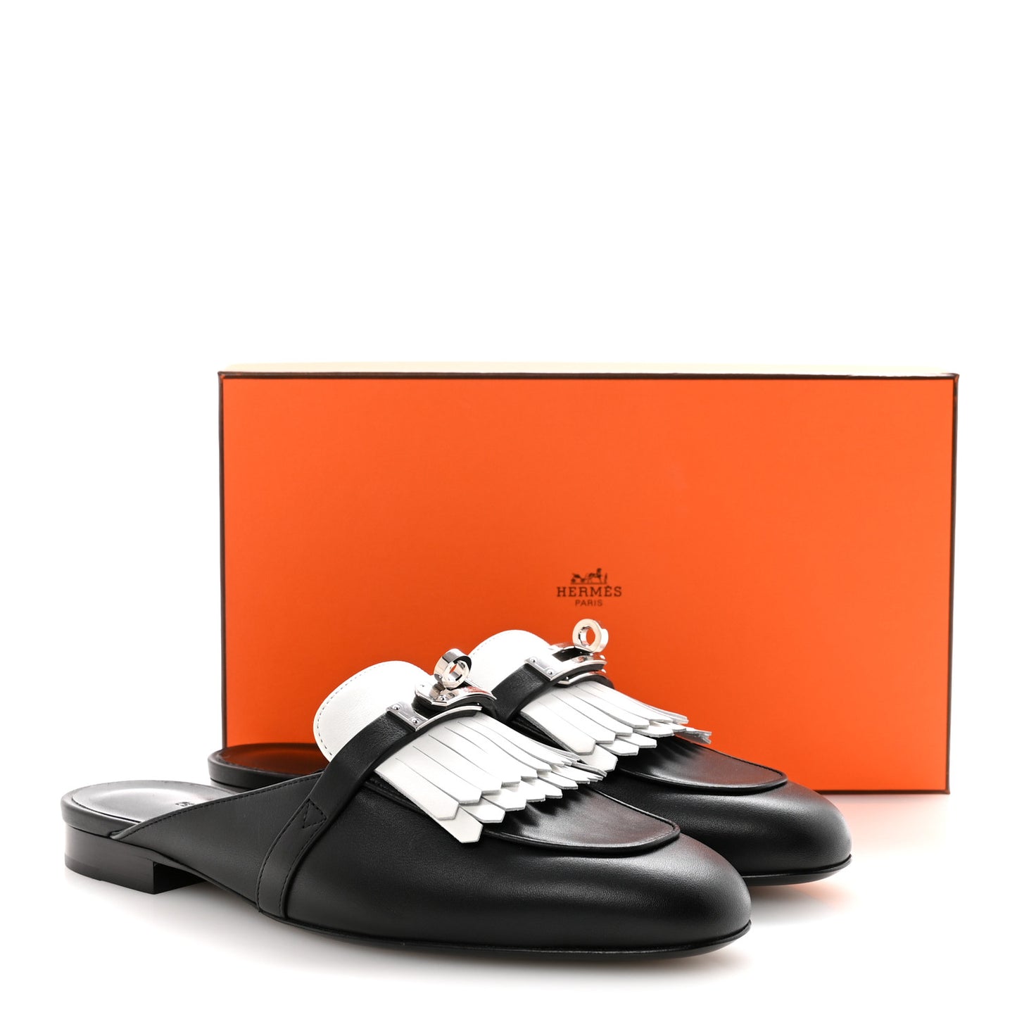 Calfskin Fringe Oz Mules 37 Black White