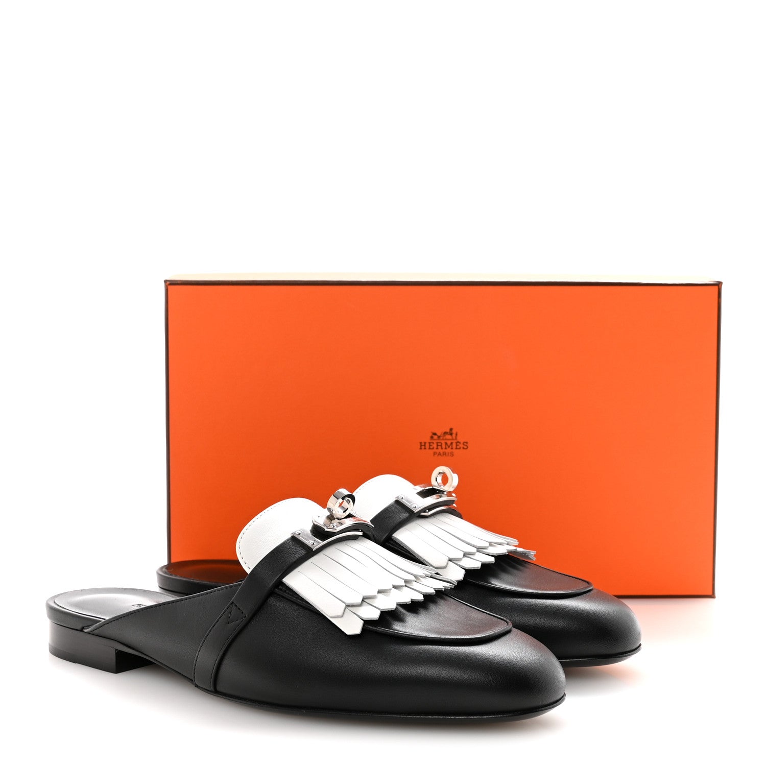 Hermes Calfskin Fringe Oz Mules 37 Black White 10 of 10