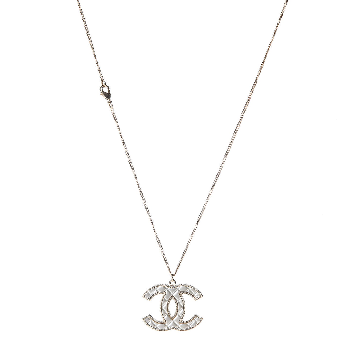 Metal Quilted CC Pendant Necklace Gold White