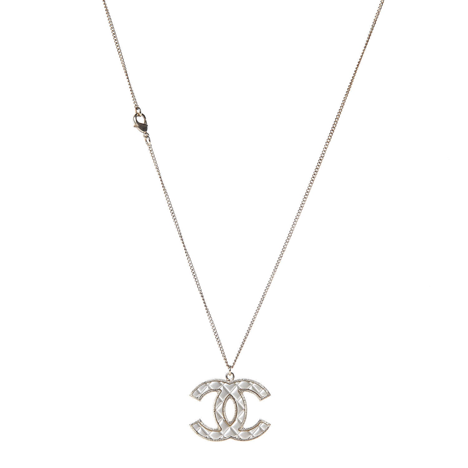 Chanel Metal Quilted CC Pendant Necklace Gold White 1 of 6