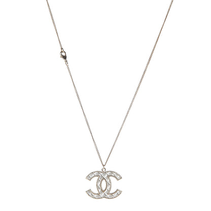 Chanel Metal Quilted CC Pendant Necklace Gold White 1 of 6