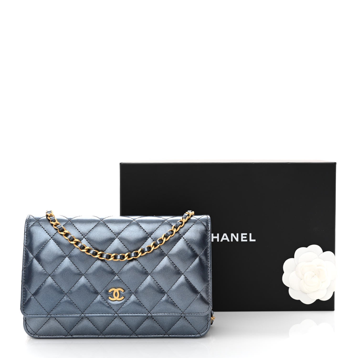 Chanel Metallic Lambskin Wallet On Chain WOC Dark Blue 12 of 12