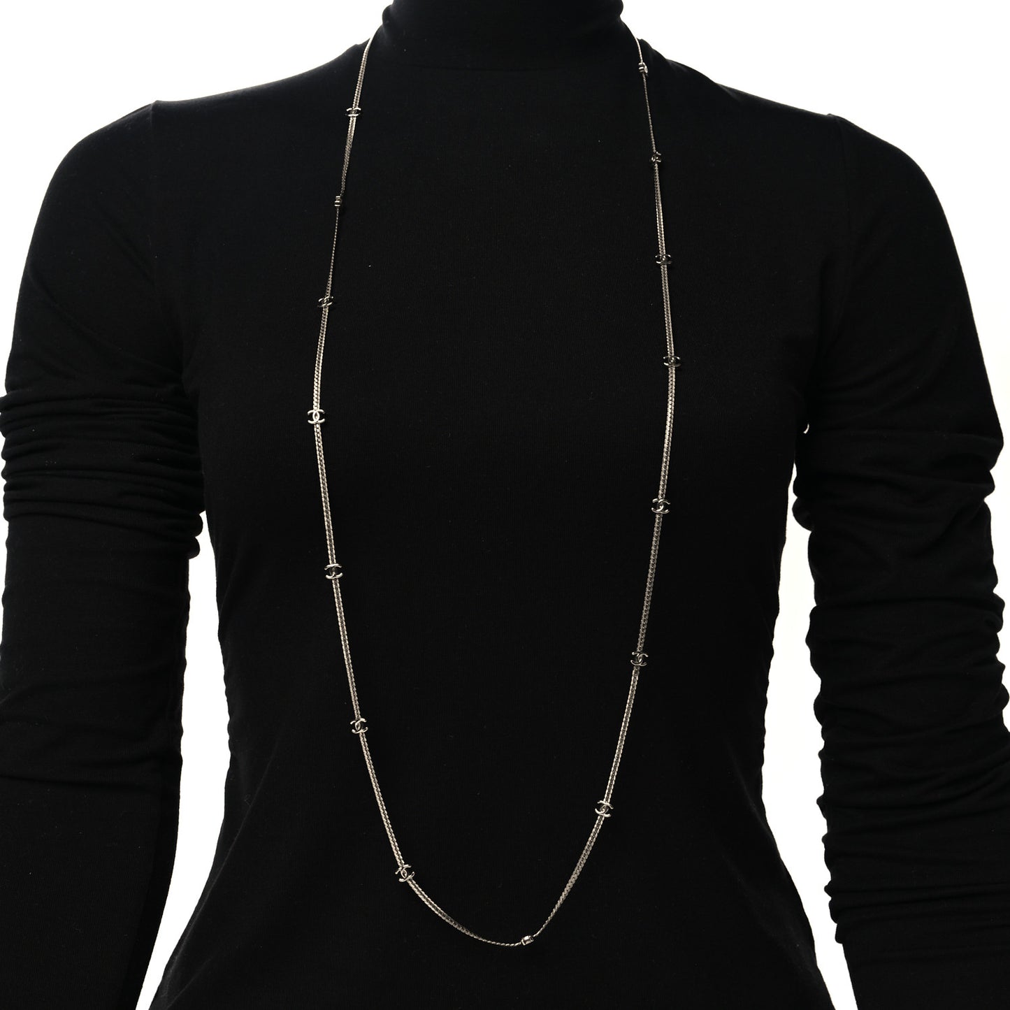 Metal CC Long Chain Necklace Silver