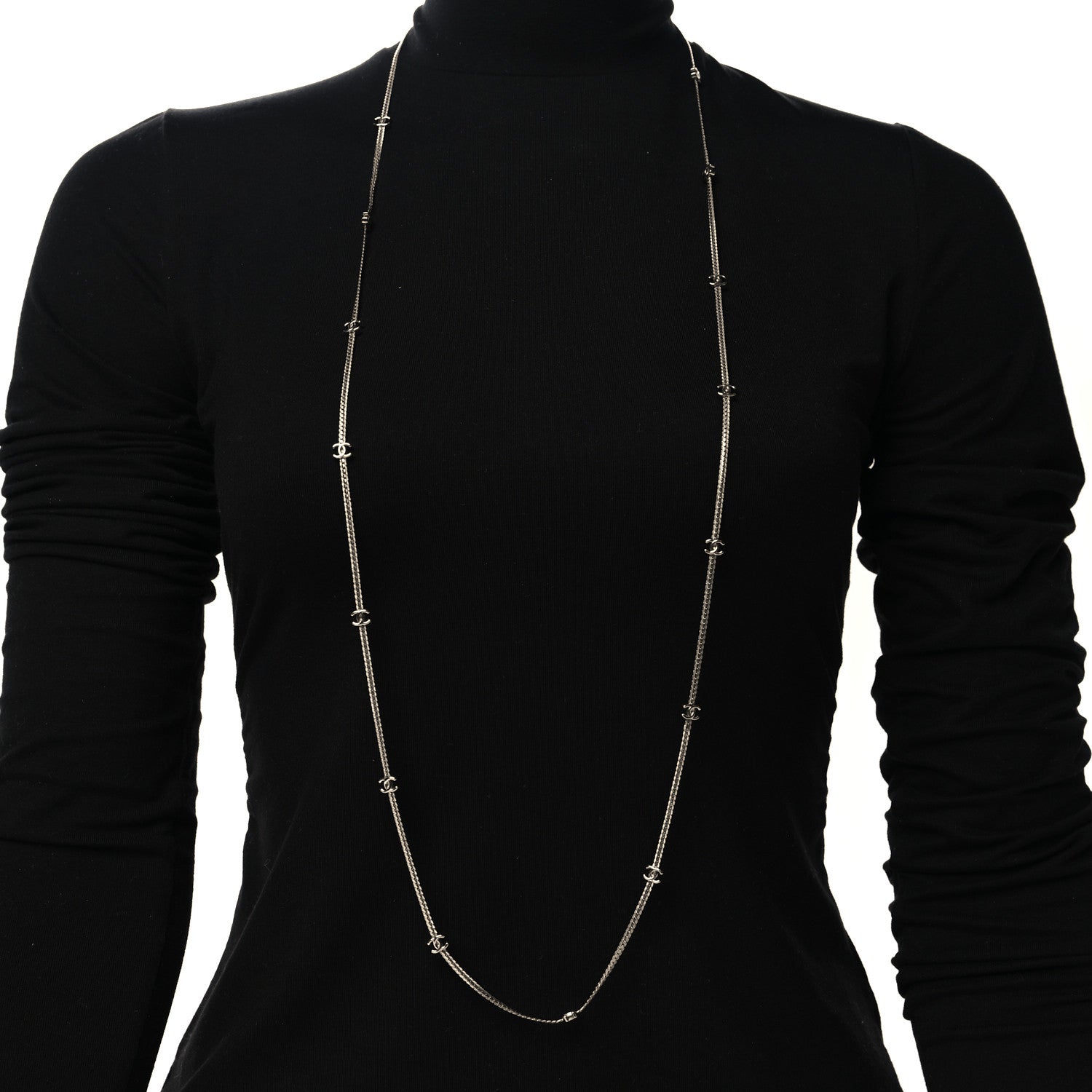 Chanel Metal CC Long Chain Necklace Silver 2 of 4