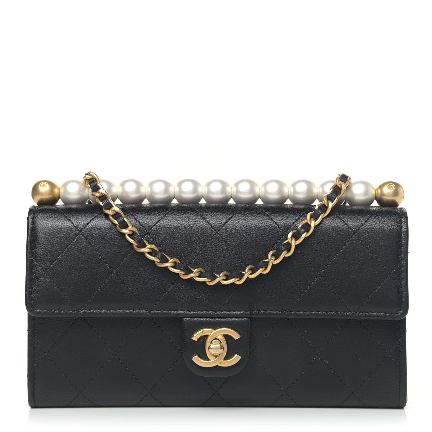 Goatskin Quilted Chic Pearls Clutch With Chain Black