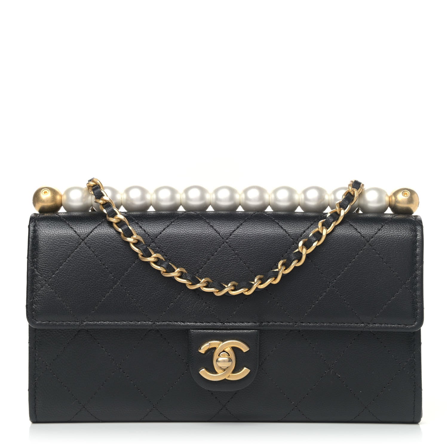 Chanel Goatskin Quilted Chic Pearls Clutch With Chain Black 1 of 5