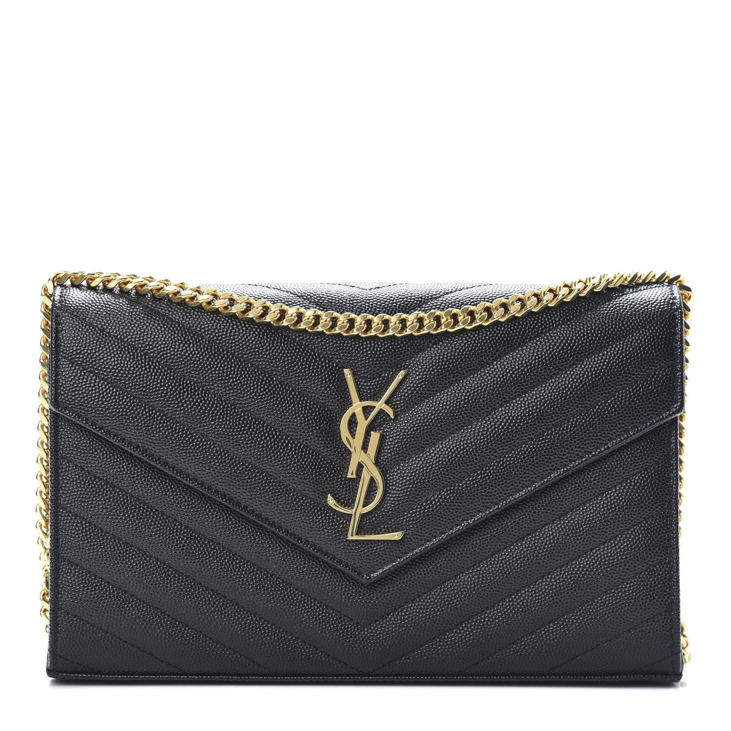 Saint Laurent Grain De Poudre Matelasse Chevron Monogram Chain Wallet Black 1 of 10