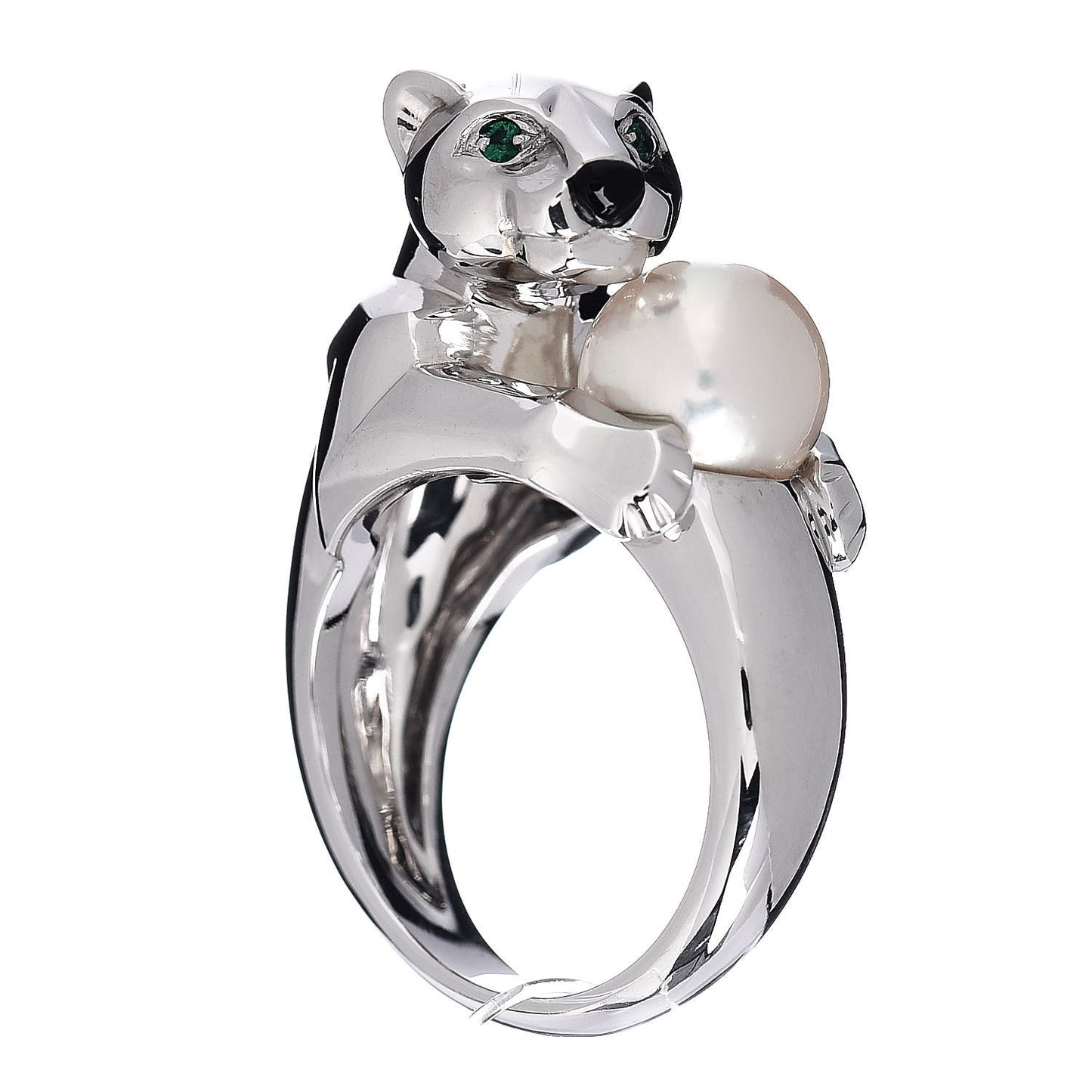 18K White Gold Pearl Black Onyx Emerald Panthere De Ring 52 6