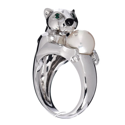Cartier 18K White Gold Pearl Black Onyx Emerald Panthere De Ring 52 6 1 of 5