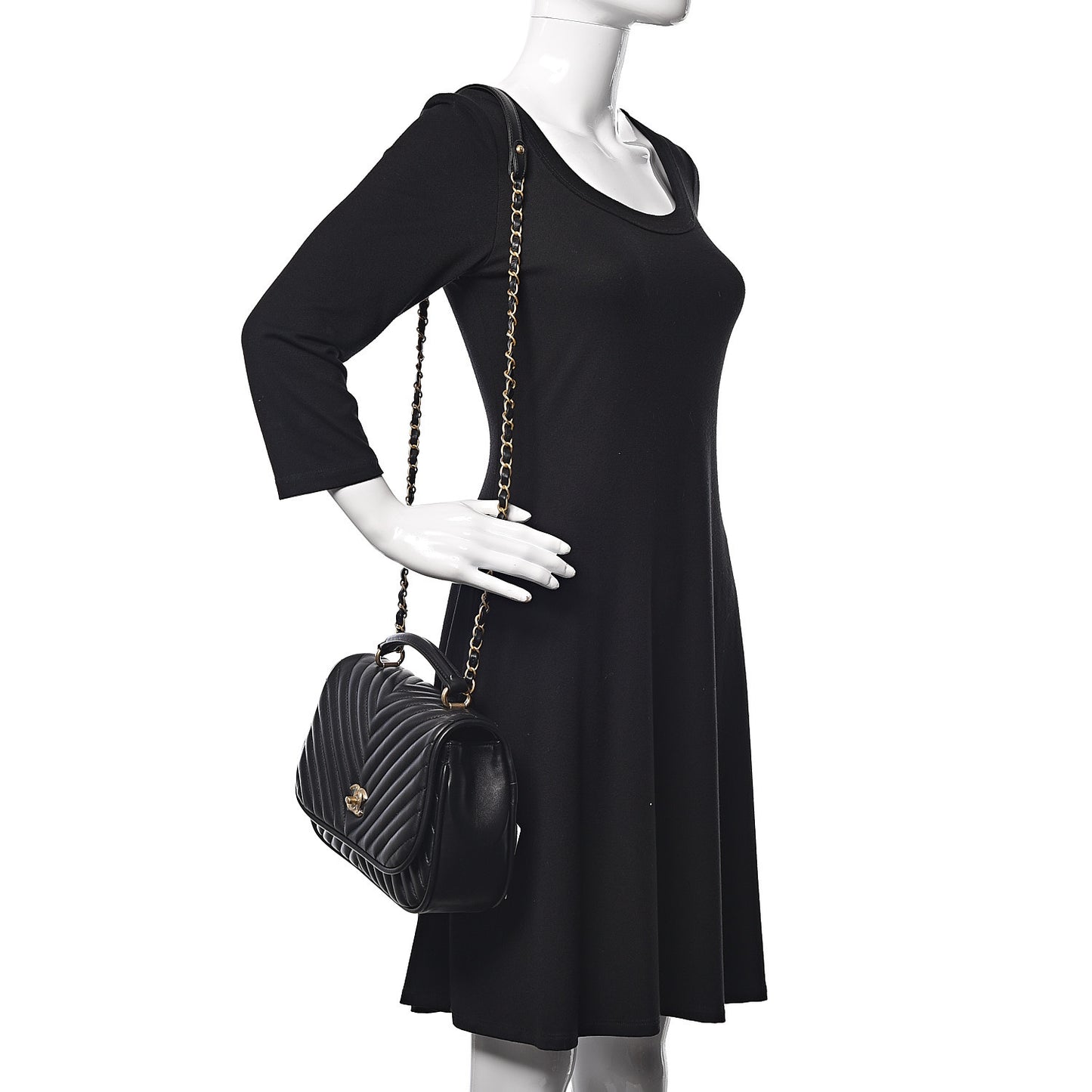 Lambskin Reverse Chevron Quilted Round Top Handle Flap Black
