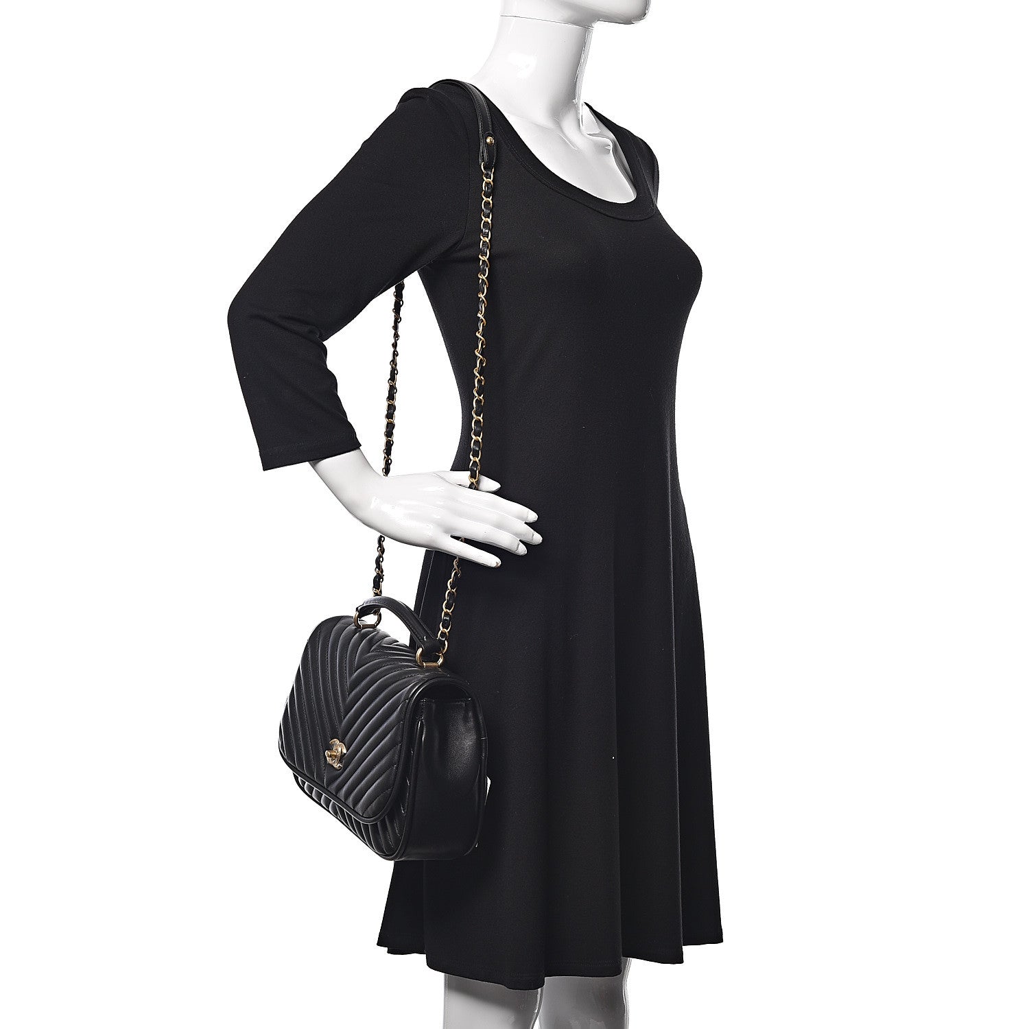 Chanel Lambskin Reverse Chevron Quilted Round Top Handle Flap Black 2 of 10
