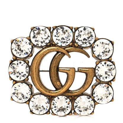 Gucci Metal Crystal Double G Brooch Aged Gold 1 of 4