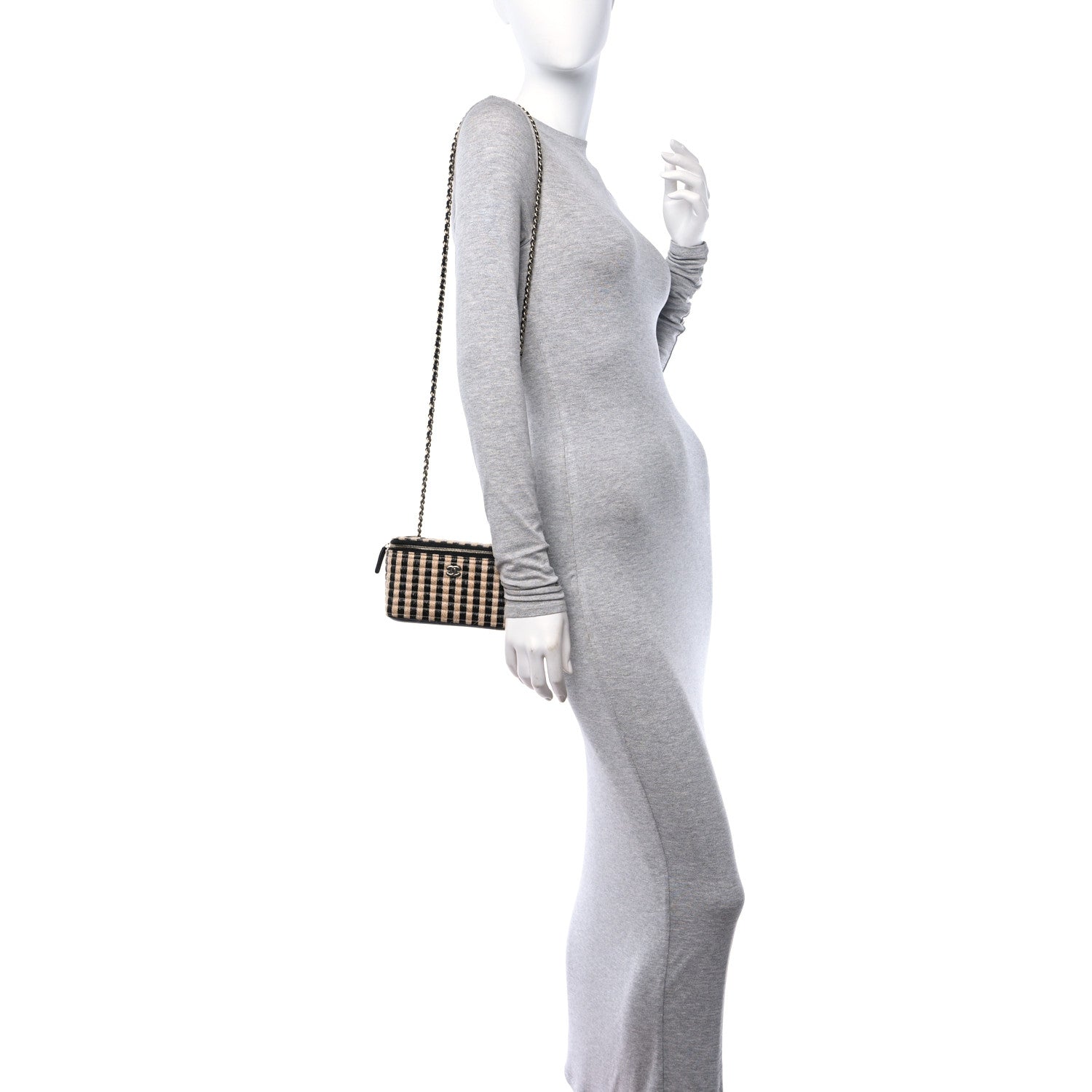 Chanel Raffia Jute Striped Small Vanity Case With Chain Black Beige 2 of 10