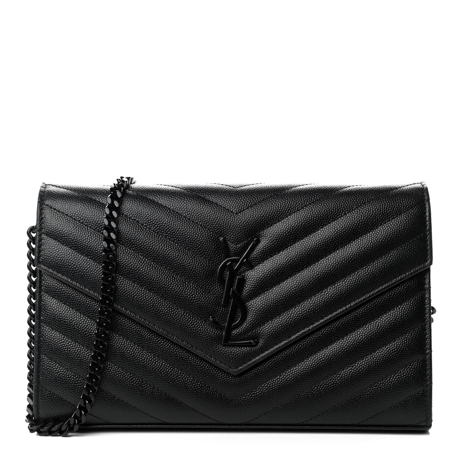 Saint Laurent Grain De Poudre Matelasse Chevron Monogram Chain Wallet Black 1 of 9