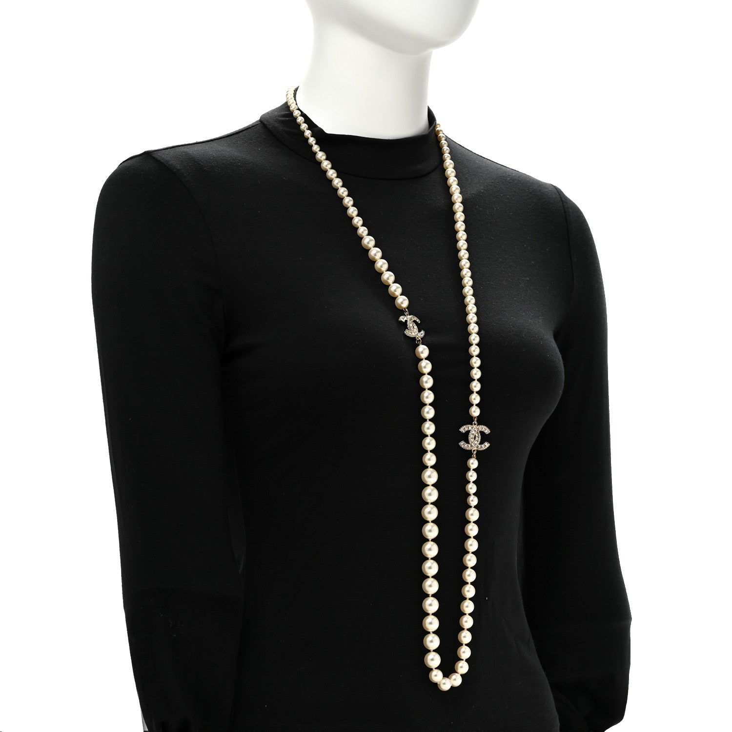Chanel Pearl Baguette Crystal CC Long Necklace Gold 2 of 6