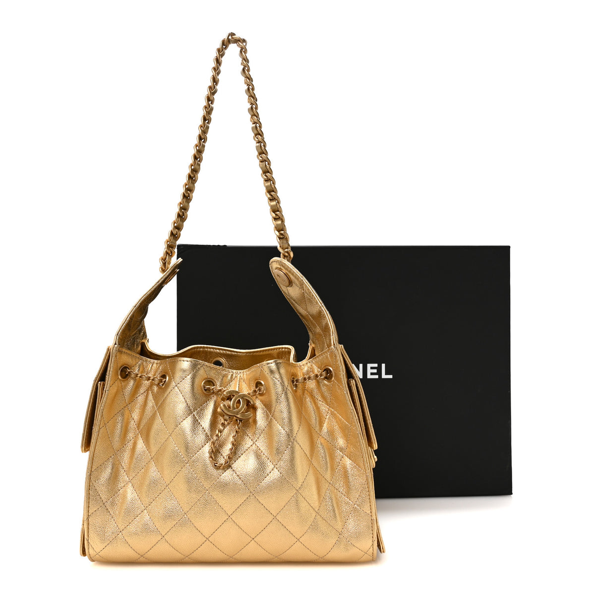 Metallic Caviar Quilted Small Chanel 25 Handbag Gold