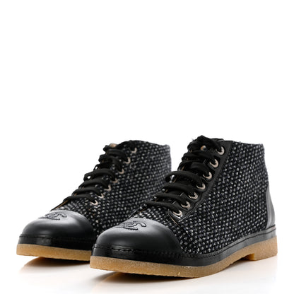 Chanel Tweed Calfskin Patent CC Lace Up Short Boots 38.5 Black Grey Dark Navy 3 of 10