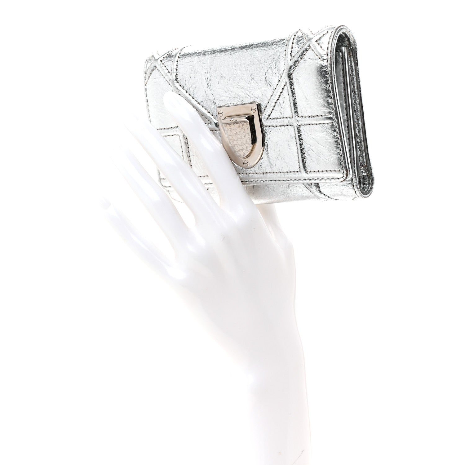 Christian Dior Ceramic Effect Deerskin Cannage Diorama Elancee Wallet Silver 2 of 9