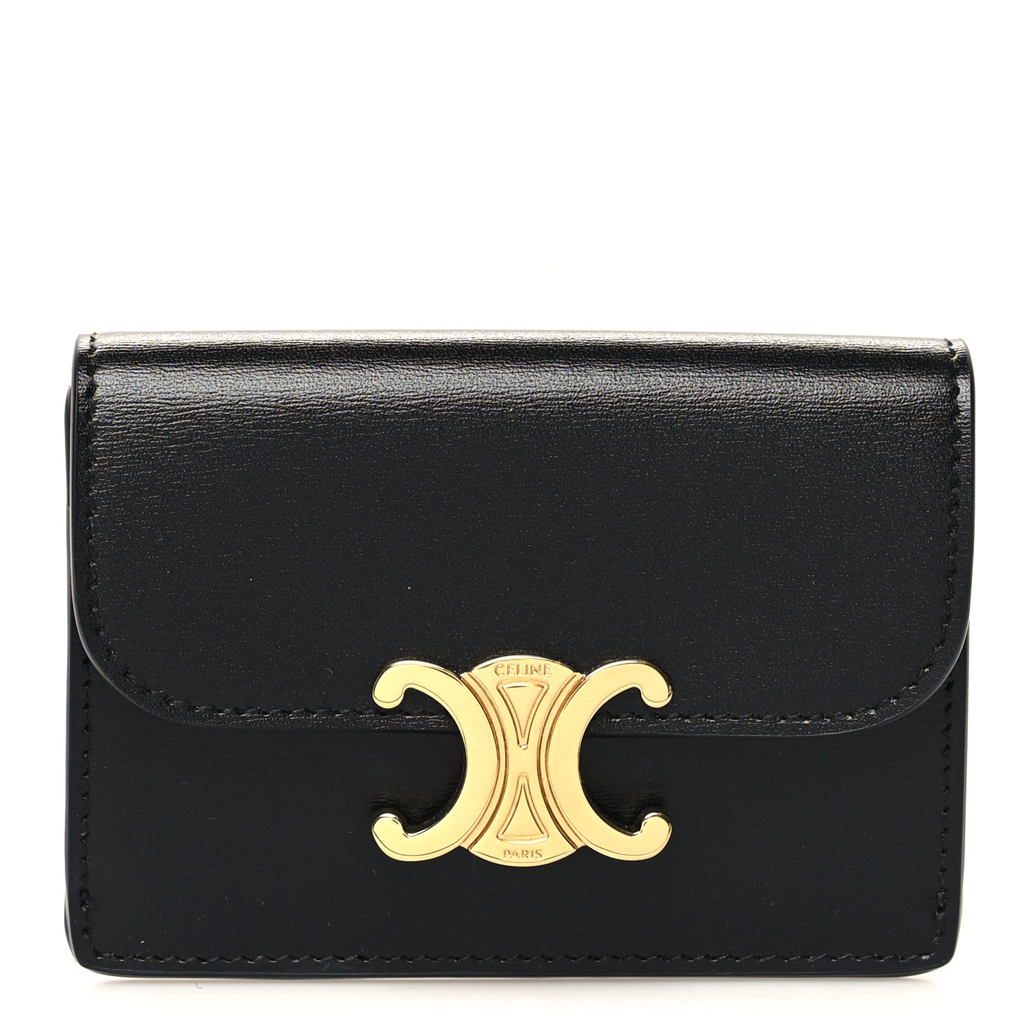 Celine Shiny Calfskin Triomphe Flap Card Holder Black 1 of 9