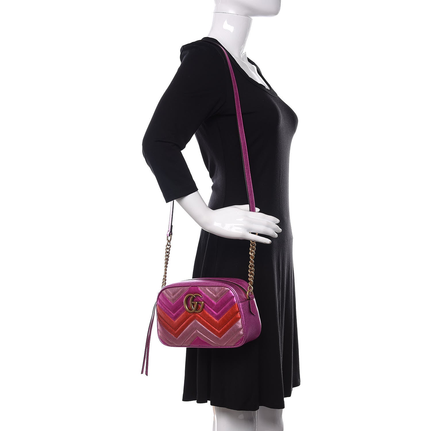 Gucci Laminated Nappa Matelasse Small GG Marmont Chain Shoulder Bag Fuxia Rosso Rosa 2 of 10