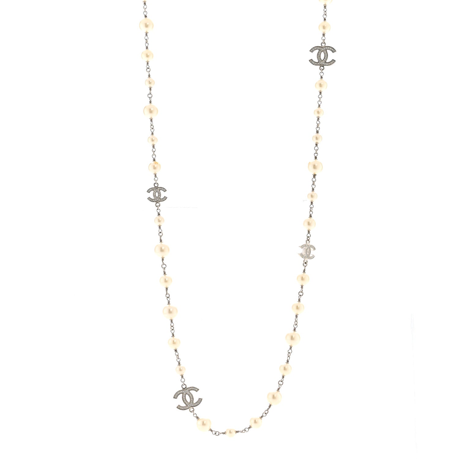 Chanel Graduated Pearl Crystal CC Long Necklace Silver 1 of 8