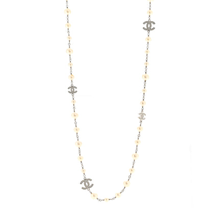 Chanel Graduated Pearl Crystal CC Long Necklace Silver 1 of 8