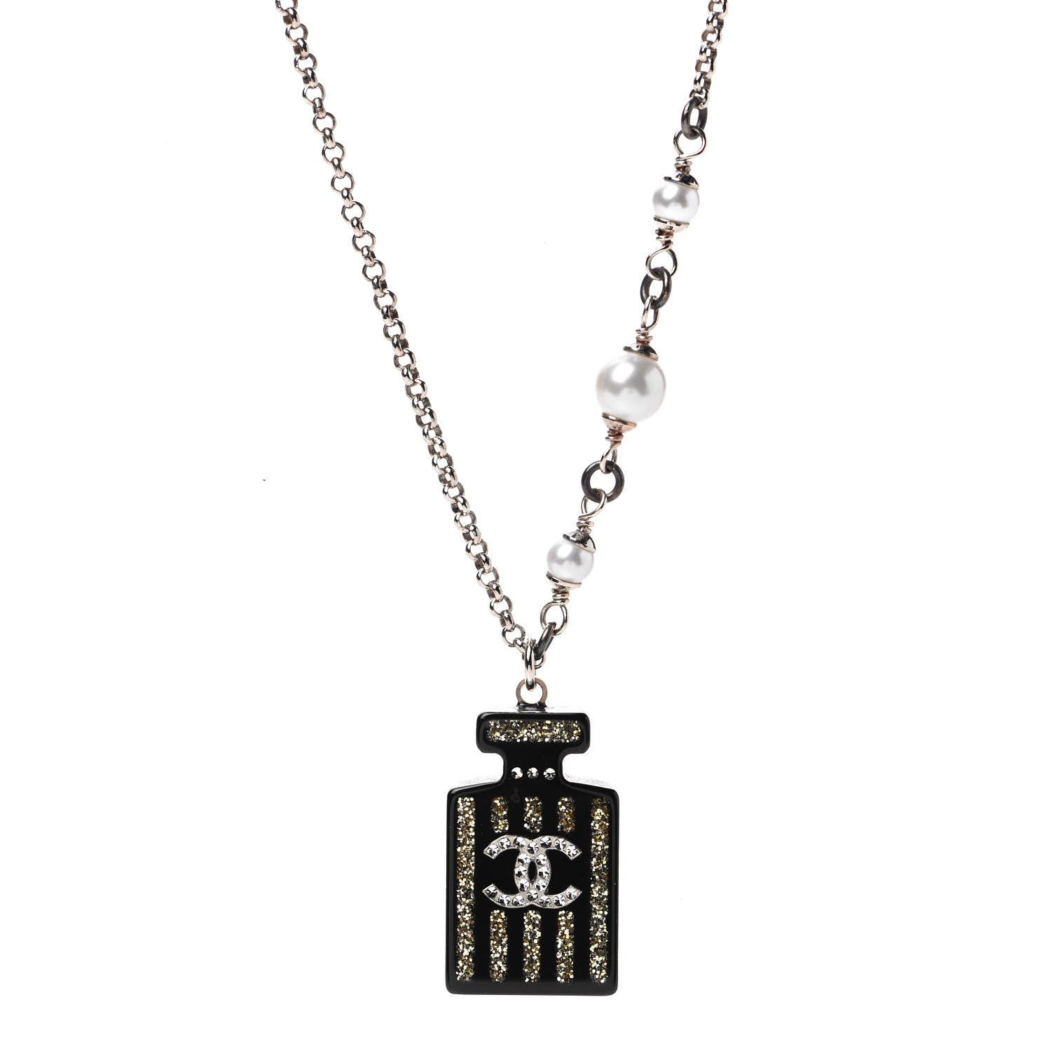 Chanel Resin Strass Perfume Bottle CC Necklace Black Gold 3 of 5