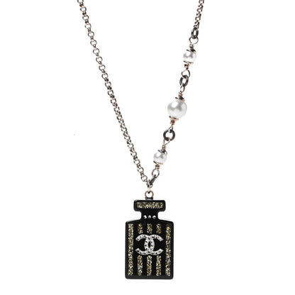 Chanel Resin Strass Perfume Bottle CC Necklace Black Gold 3 of 5