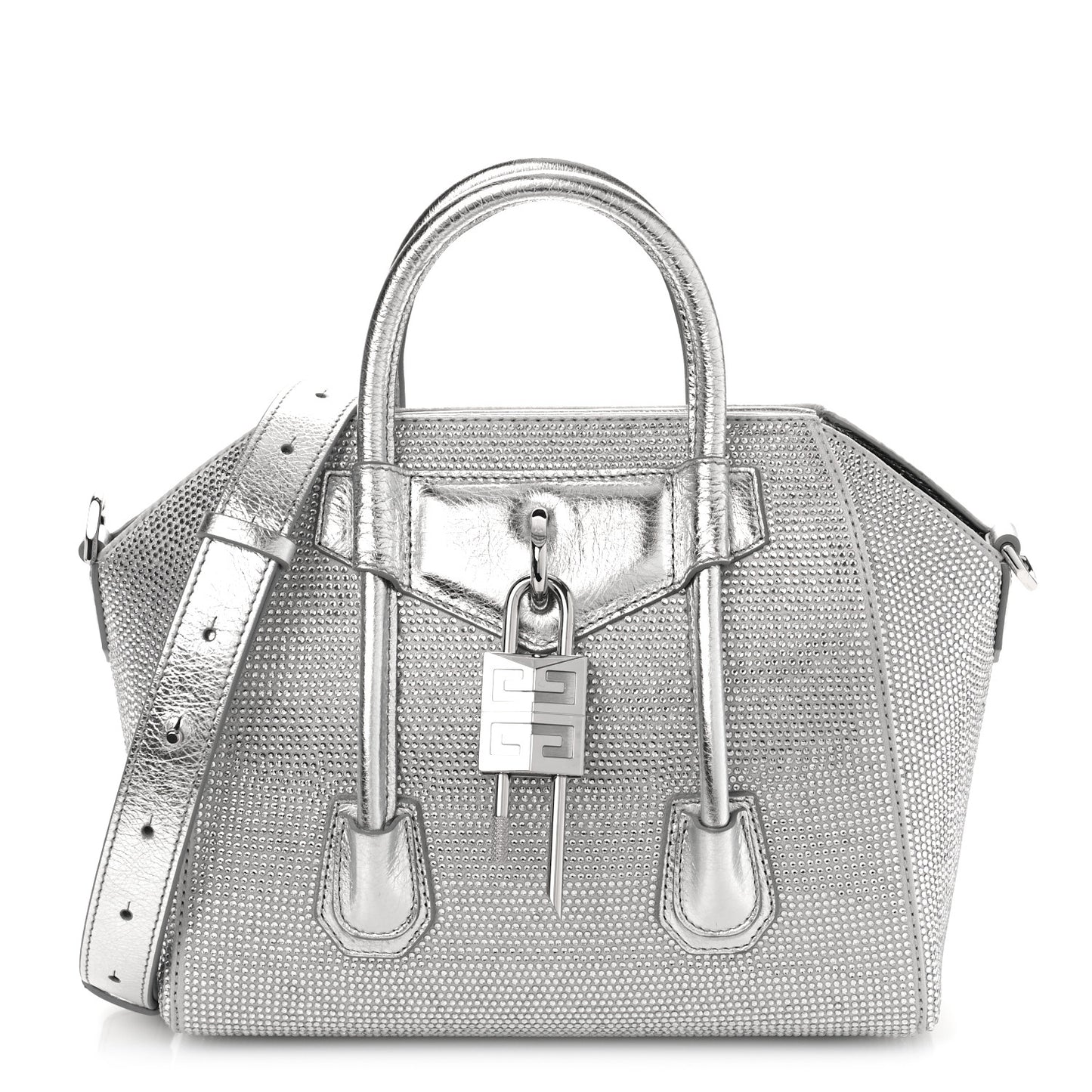 Crystal Embellished Mini Lock Antigona Shoulder Bag Silvery Grey