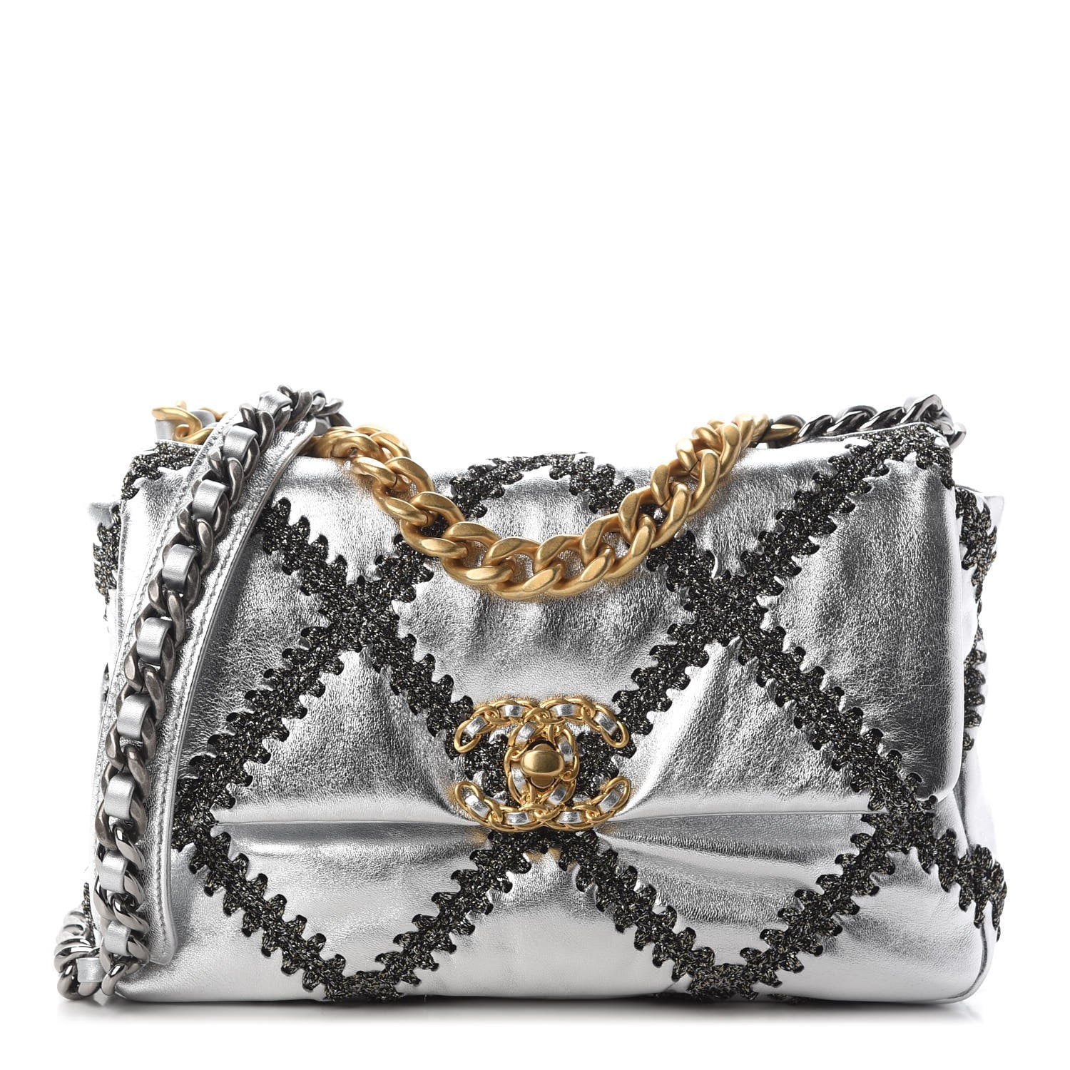 Chanel Metallic Calfskin Crochet Medium Chanel 19 Flap Silver 1 of 8