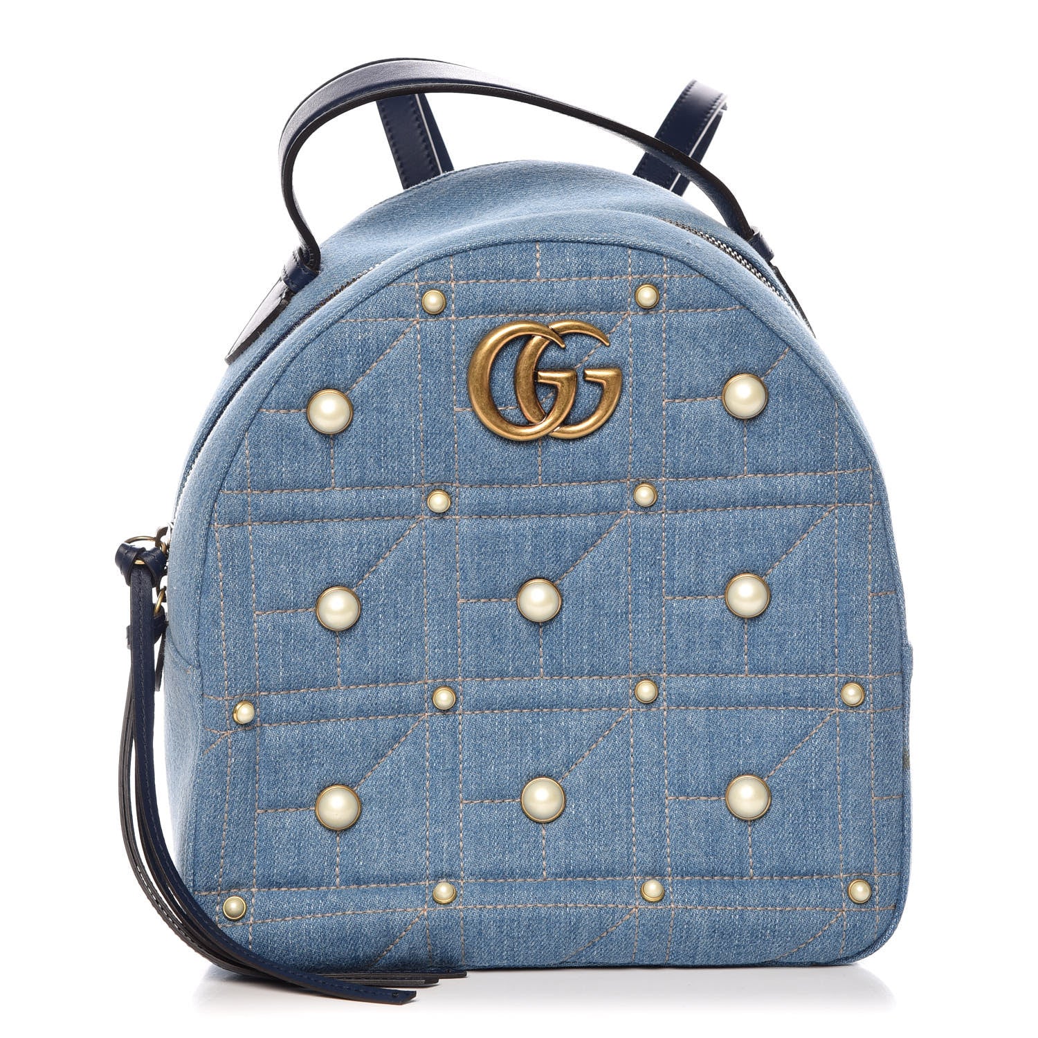 Gucci Kura Denim Matelasse Cubic Pearl Studded GG Marmont Dome Backpack Blue 1 of 10
