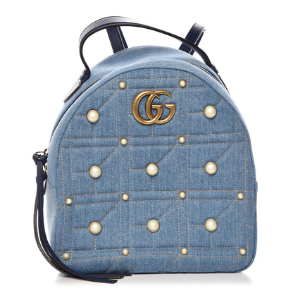 Gucci Kura Denim Matelasse Cubic Pearl Studded GG Marmont Dome Backpack Blue 1 of 10