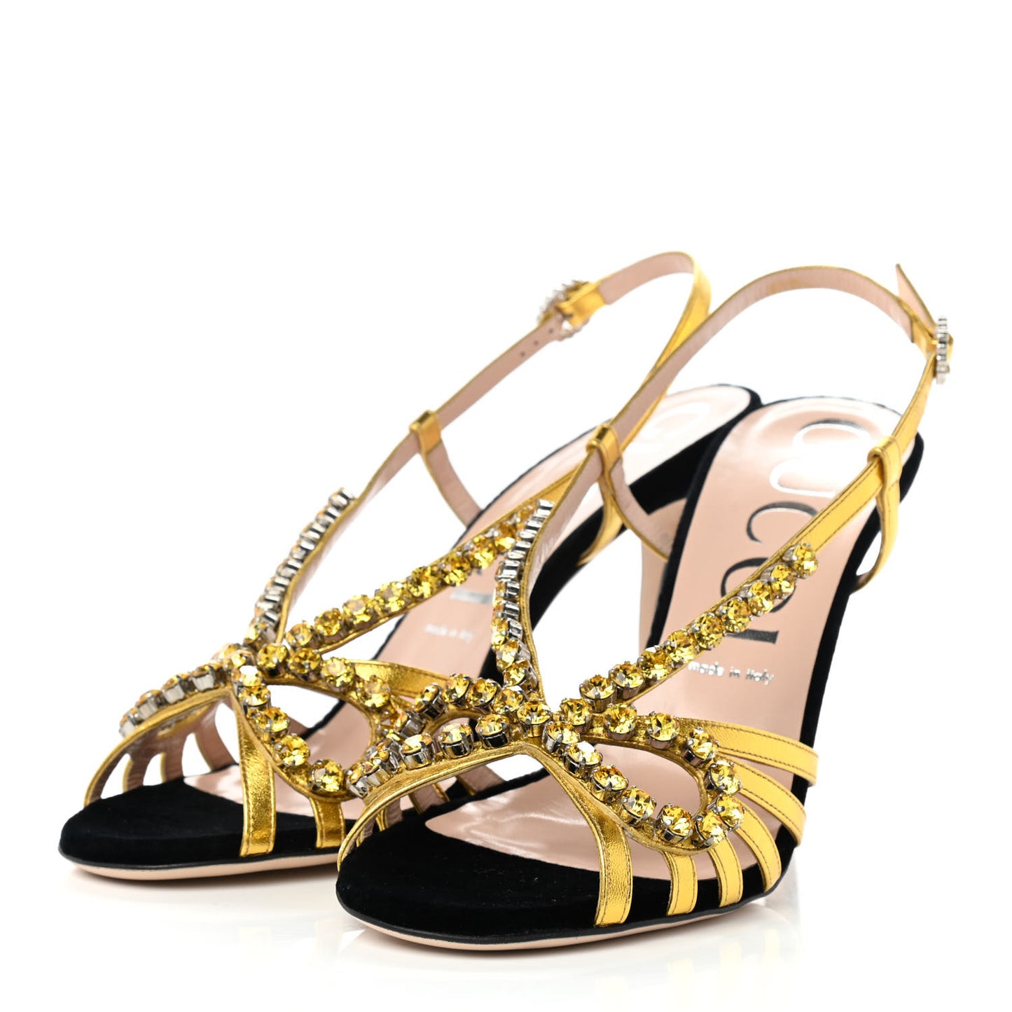 Velvet Nappa Crystal Zephyra Slingback High Heel Sandals 41 Black Gold