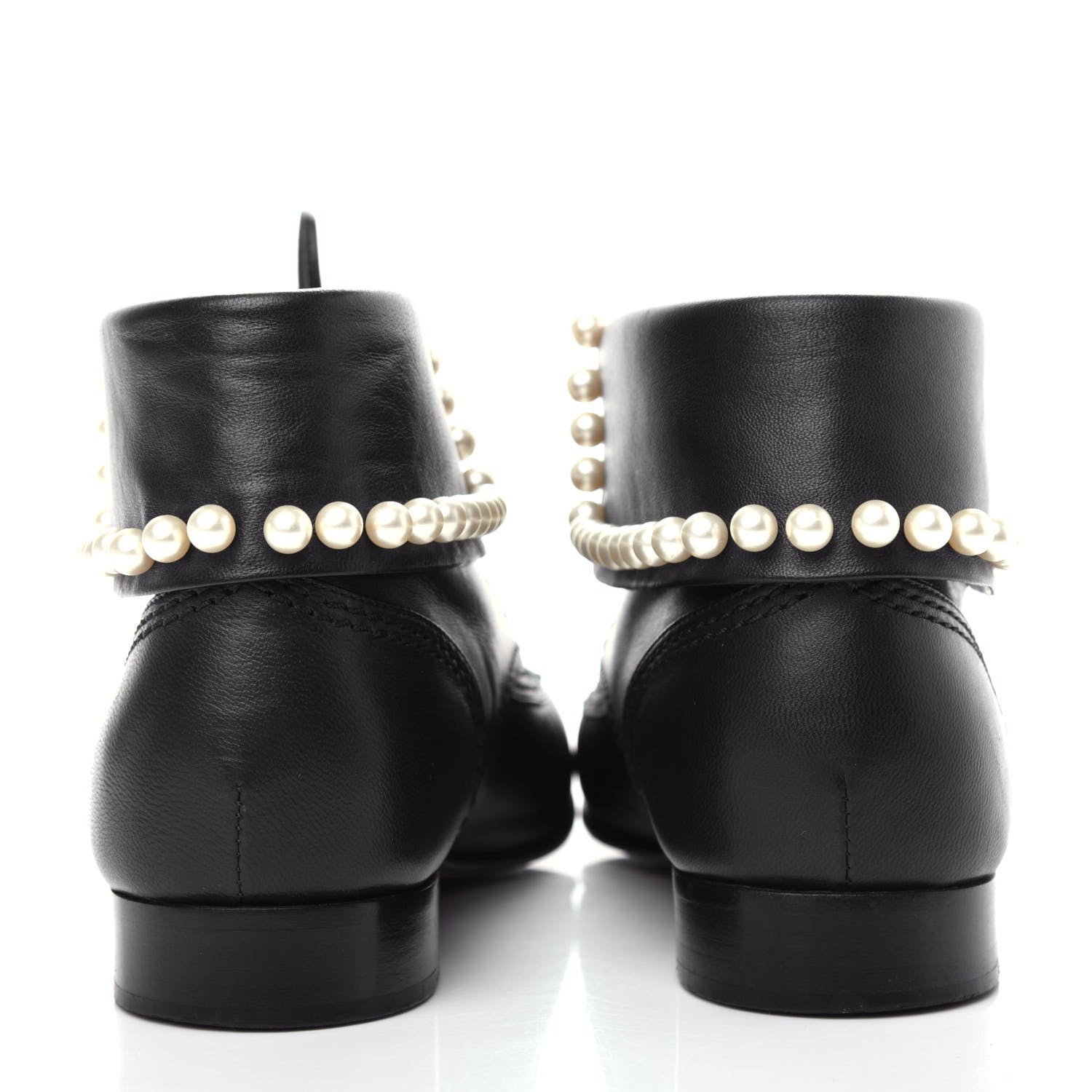 Chanel Lambskin Patent Calfskin Pearl Lace Up Boots 37.5 Black 7 of 10