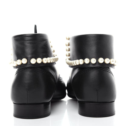 Chanel Lambskin Patent Calfskin Pearl Lace Up Boots 37.5 Black 7 of 10