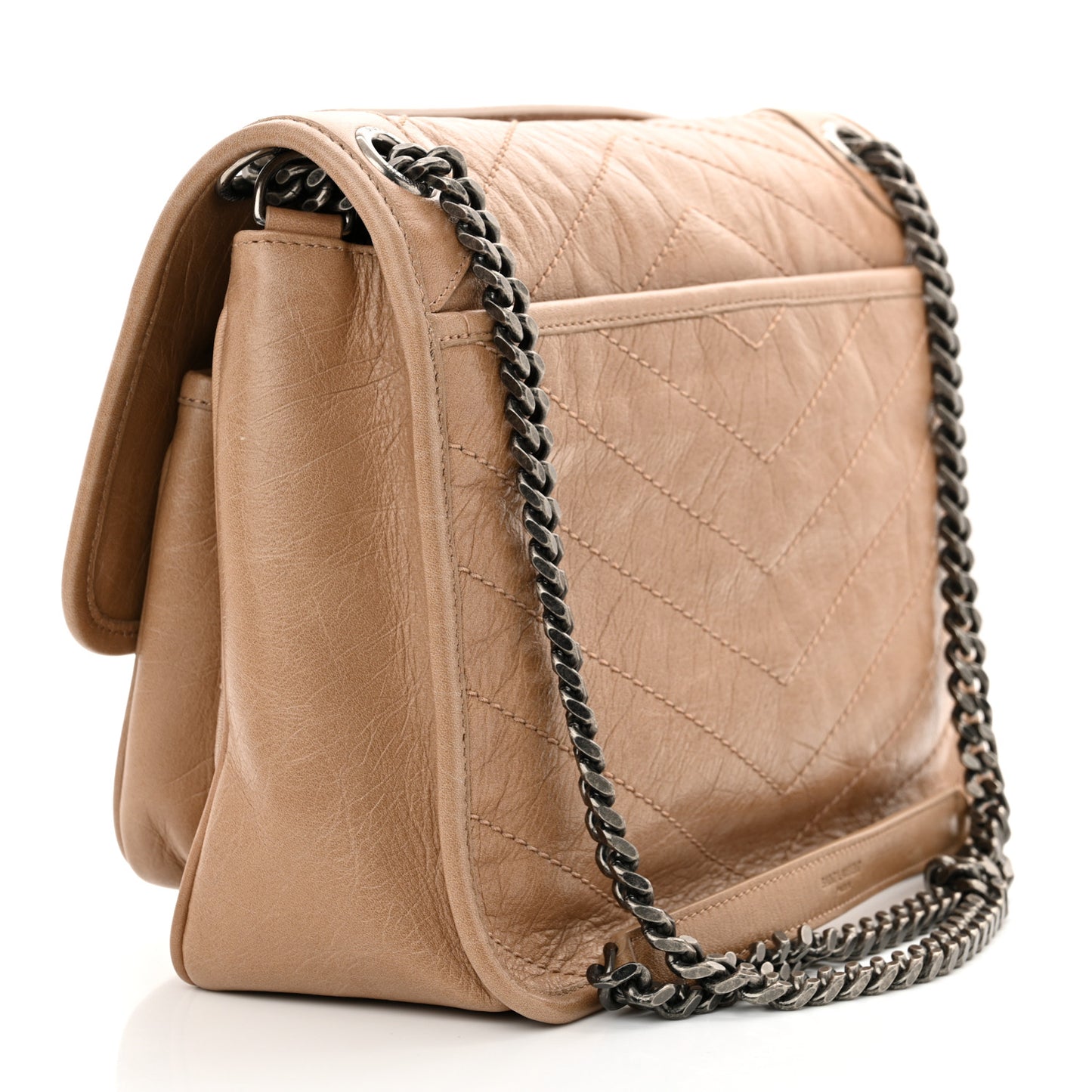 Crinkled Calfskin Matelasse Monogram Medium Niki Chain Satchel Light Taupe