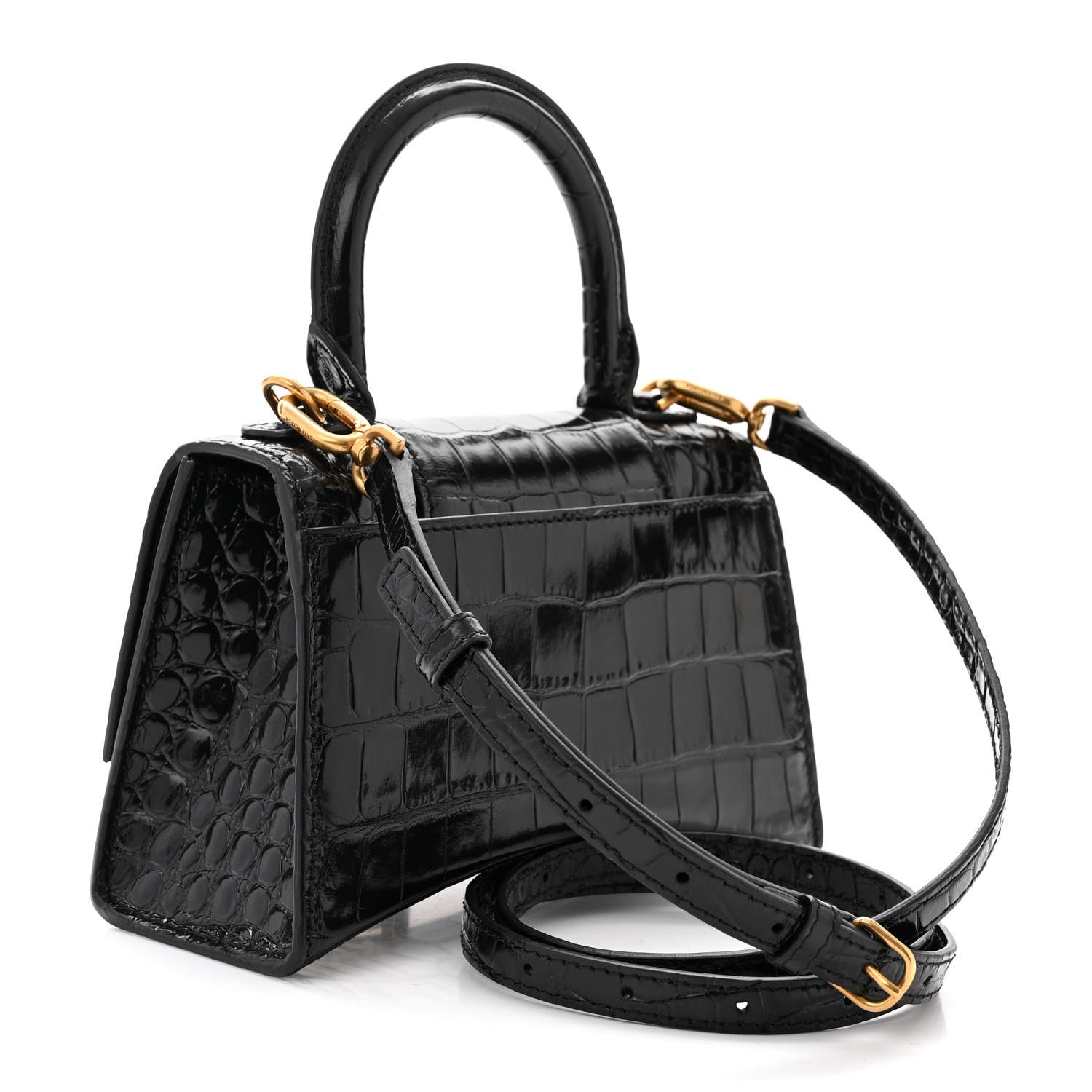 Balenciaga Shiny Calfskin Crocodile Embossed Hourglass Top Handle Bag XS Black 3 of 12