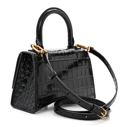Balenciaga Shiny Calfskin Crocodile Embossed Hourglass Top Handle Bag XS Black 3 of 12