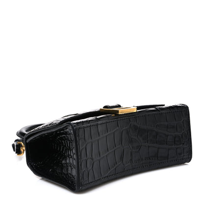 Balenciaga Shiny Calfskin Crocodile Embossed Hourglass Top Handle Bag XS Black 4 of 11