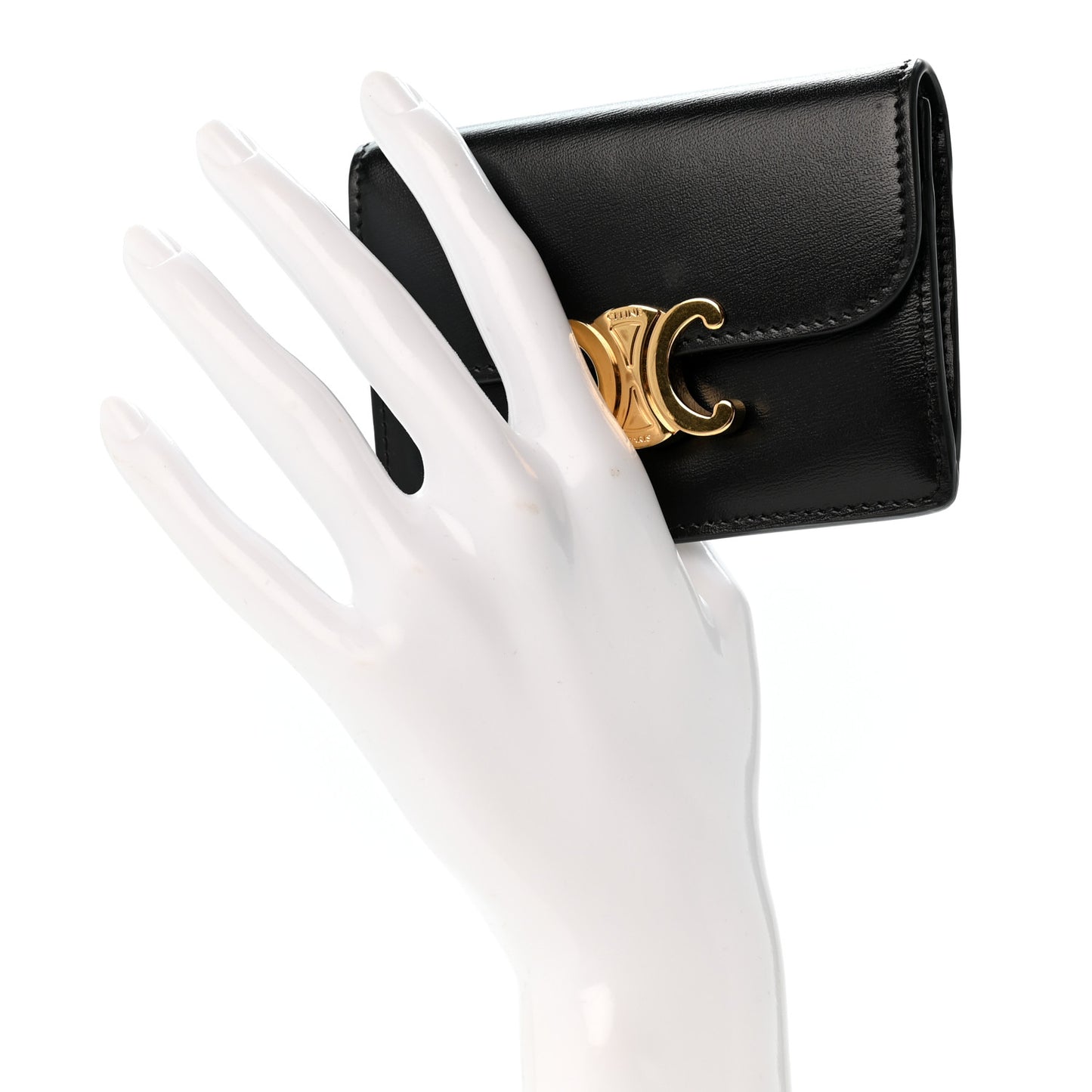 Shiny Calfskin Triomphe Flap Card Holder Black