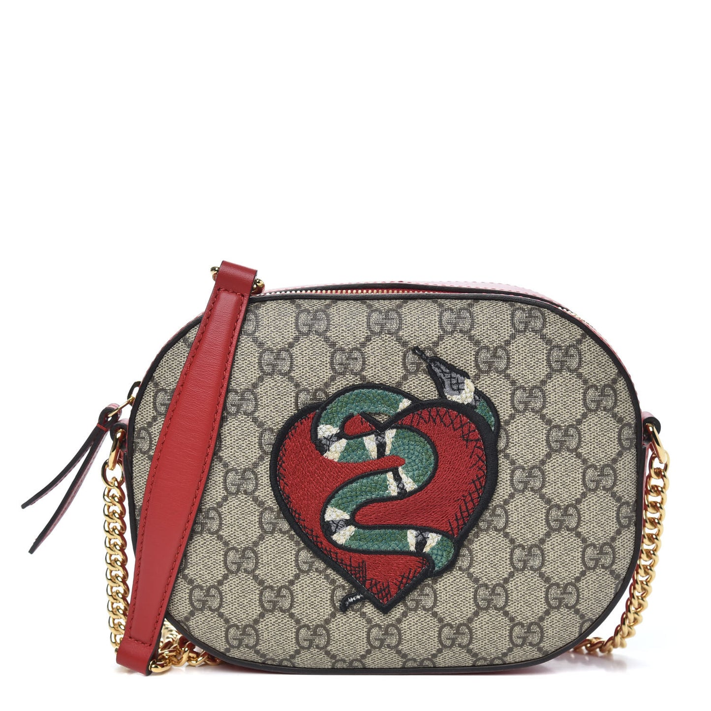 GG Supreme Monogram Kingsnake Heart Embroidered Mini Chain Shoulder Bag Beige Hibiscus Red